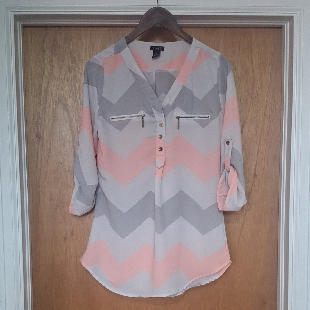 Chevron Button-Front Blouse in Pink and Gray